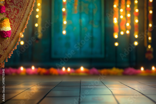 Empty wooden table illuminated by candles and decorative lights, perfect for displaying products during diwali or onam celebrations