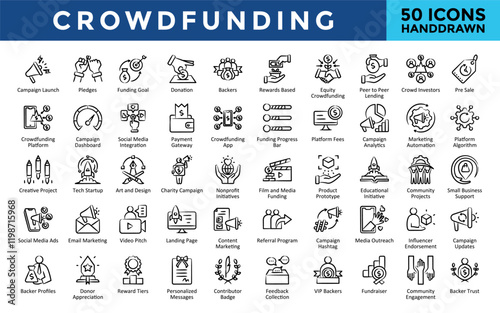 Crowdfunding icons set with campaign launch, pledges, funding goal, donation, backers, rewards based, equity crowdfunding, peer to peer lending, crowd investors icon. Simple handrawn vector 
