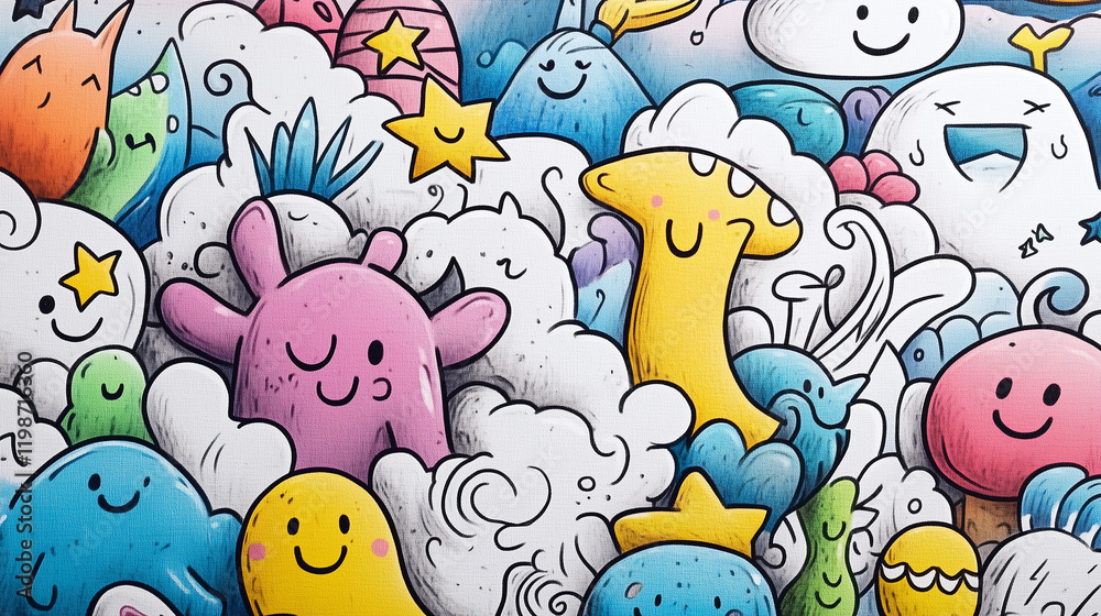 Whimsical Doodle Wonderland: A vibrant explosion of colorful, happy doodles, featuring playful monsters, smiling clouds, and whimsical stars, creating a cheerful and imaginative scene. Whimsical Doodle Wonderland: A vibrant explosion of colorful, happy doodles, featuring playful monsters, smiling clouds, and whimsical stars, creating a cheerful and imaginative scene.