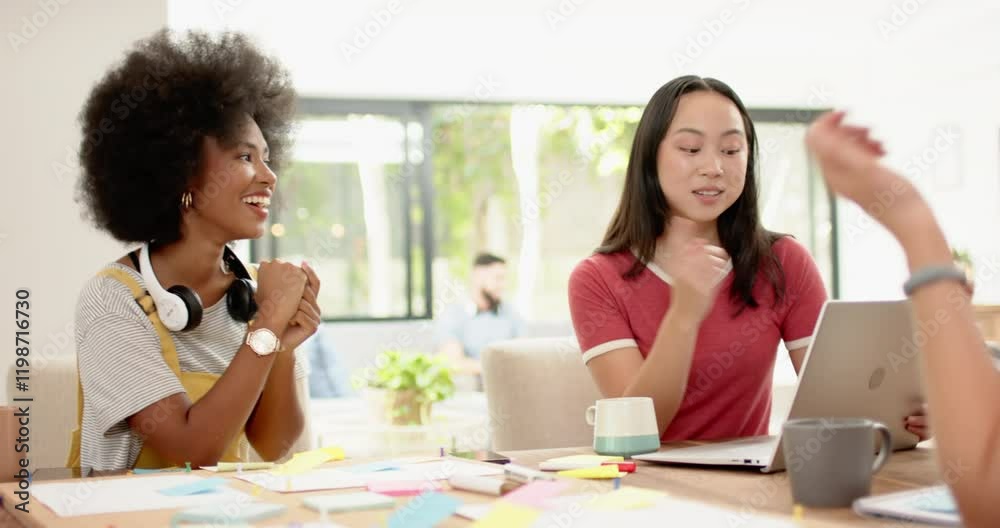 Discussing ideas, diverse friends collaborating with laptop and sticky notes in workspace Discussing ideas, diverse friends collaborating with laptop and sticky notes in workspace