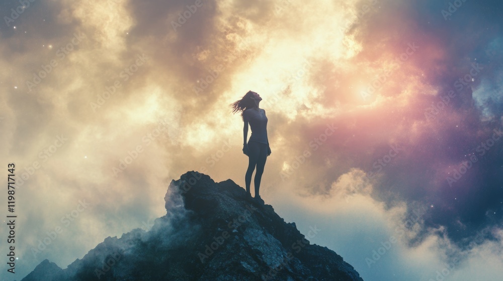Fototapeta premium Woman celebrating on a mountain looking up to the sky. Letting go of all your mental fears. Hope, mental strength concept.