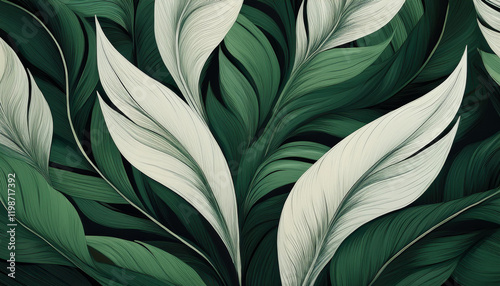 Abstract botanical pattern with overlapping green and white leaves. Creates a lush, organic texture. Ideal for modern and nature-inspired designs