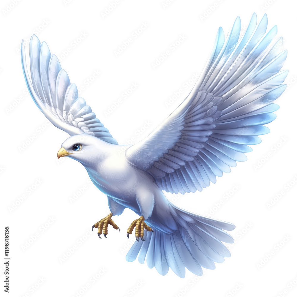 Fototapeta premium majestic white bird with large, elegant wings spreads gracefully in flight, showcasing its stunning feathers and vibrant blue accents. This enchanting creature embodies freedom and beauty