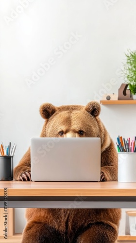 A bear sits at a desk working on a laptop, surrounded by colorful stationery, creating a whimsical office atmosphere.