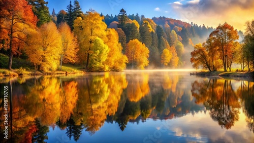 Serene Autumn Landscape: Golden Trees Reflecting in Calm Water