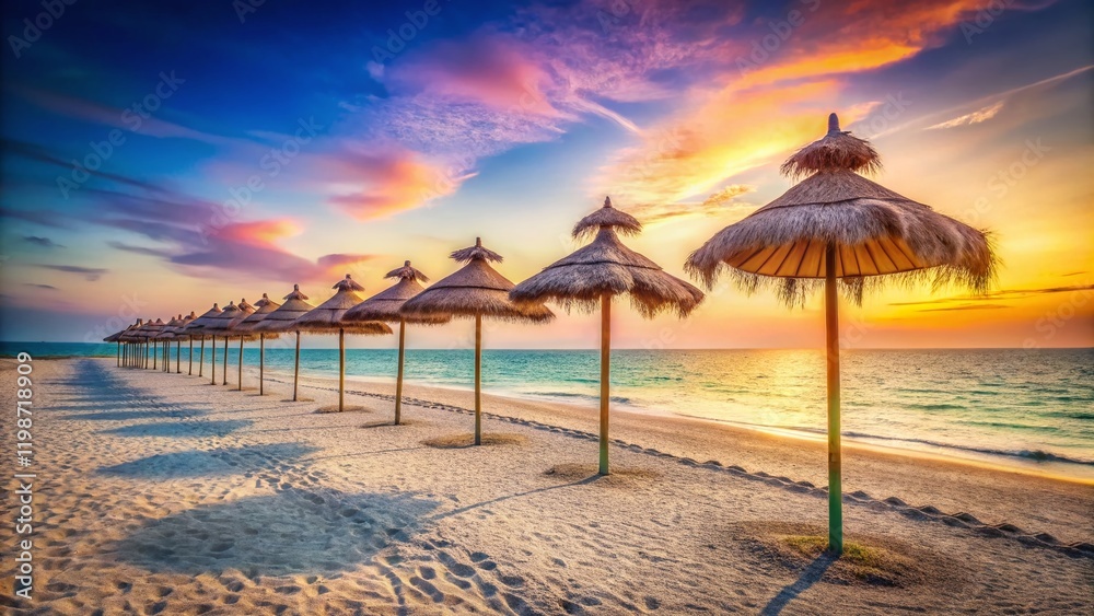 Serene Beach Scene: Thatch Umbrellas on Sandy Shore - Stock Photo Serene Beach Scene: Thatch Umbrellas on Sandy Shore - Stock Photo