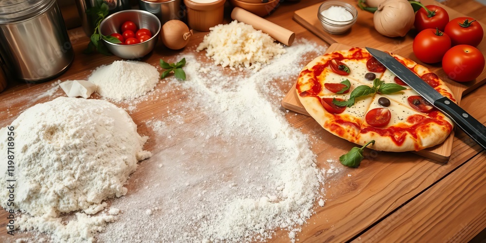 Fototapeta premium Pizza cutting board placed on a rustic wooden table with a knife, fresh ingredients, and a flour dusting, culinary, wooden table