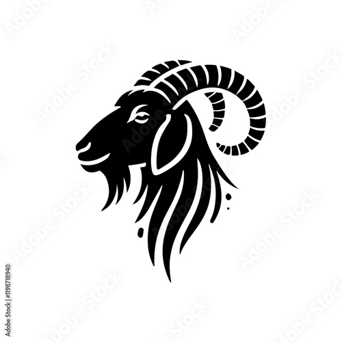 Silhouette of a Goat: A strong and detailed silhouette of a goat, standing tall with its characteristic horns and beard, creating a striking image of a resilient and adaptable creature. 