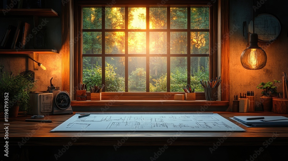 Cozy workspace with a wooden table, blueprints, and warm sunlight streaming through a forest window