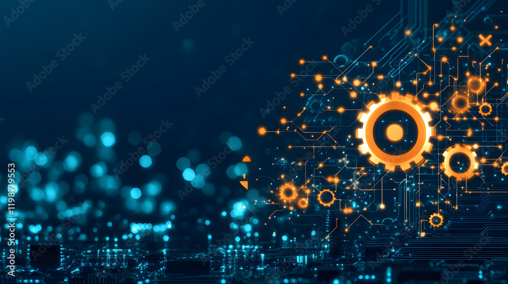 Obraz premium Digital technology design with gears, circuits, and glowing elements on a blue background