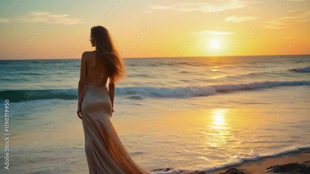 An artistic fashion image featuring an elegant woman standing on a beach at sunset, wearing a long flowing golden dress, facing the ocean An artistic fashion image featuring an elegant woman standing on a beach at sunset, wearing a long flowing golden dress, facing the ocean
