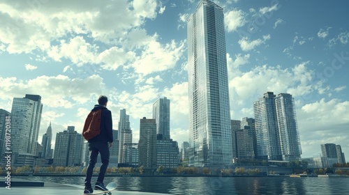 Young Man Skateboards Facing City Skyline