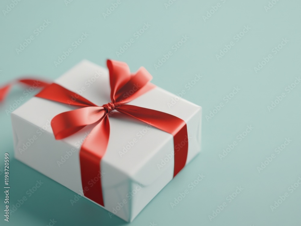 white gift box with red ribbon on light blue background white gift box with red ribbon on light blue background