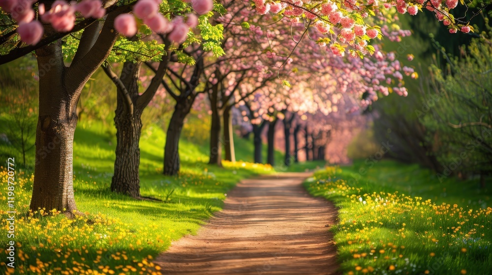 A Tranquil Spring Pathway Adorned with Blossoming Trees and Vibrant Wildflowers in Bloom A Tranquil Spring Pathway Adorned with Blossoming Trees and Vibrant Wildflowers in Bloom