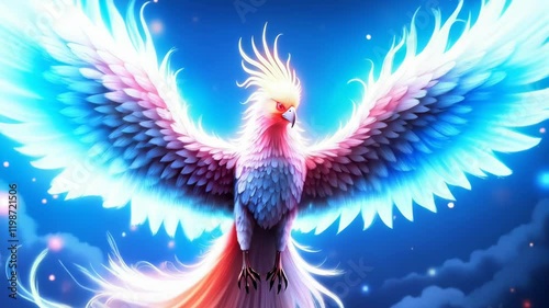 A majestic mythical phoenix with large, fiery wings. Concept of reborn or rising from ashes.