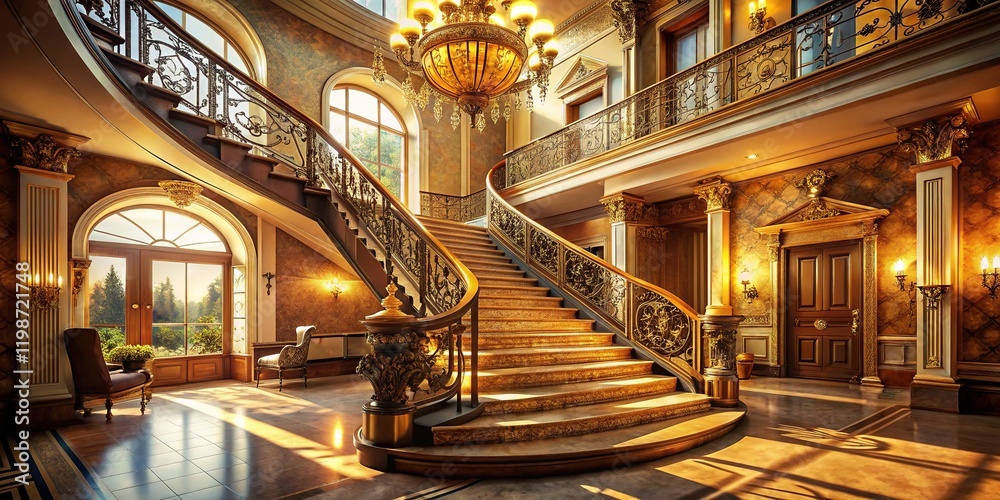 Opulent staircase, AI-enhanced, gourmet food photography style. Opulent staircase, AI-enhanced, gourmet food photography style.