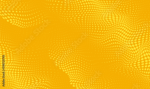 Yellow futuristic pop art print. Wavy half tone effect. Optical texture. Spotted background with dots. Halftone dot pattern. Colored banner. Abstract vector illustration.