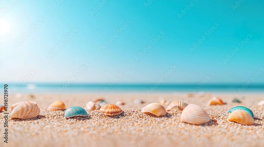 Serene Beach Scene with Colorful Seashells on Soft Sand, Seashells on seashore concept. Serene Beach Scene with Colorful Seashells on Soft Sand, Seashells on seashore concept.