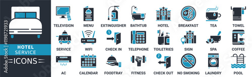 Hotel Service icon set. Containing service, lobby, receptionist, apartment, tourism and more. Solid vector icons collection