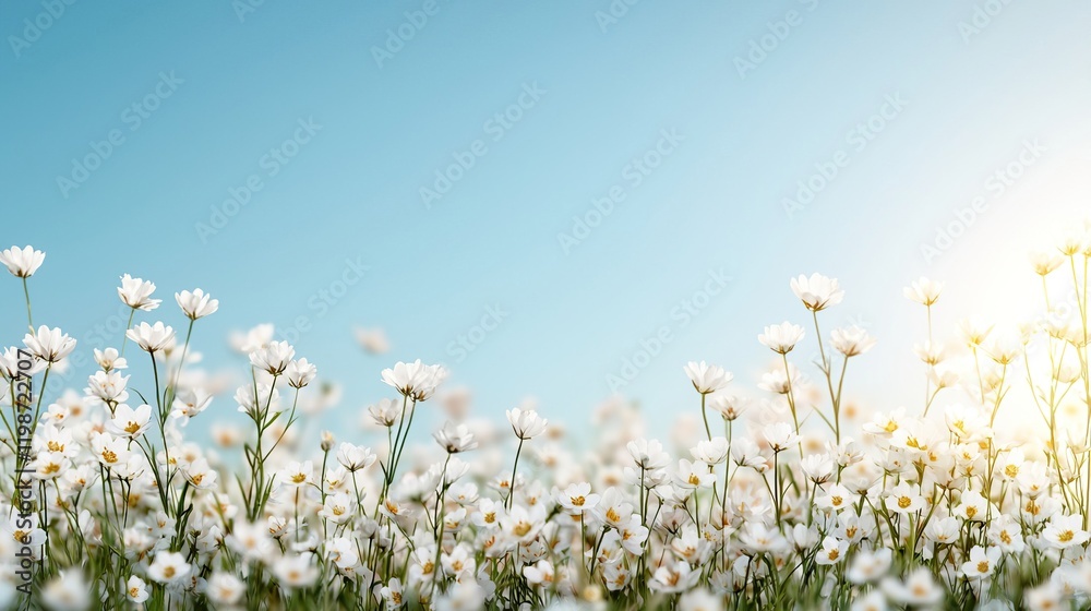 Fototapeta premium Bright Spring Blossoms in Sunlight Against a Clear Blue Sky, White blossoms and sunlight concept.