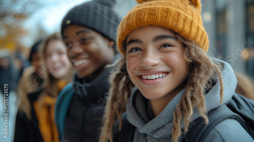 Smiling teenager with a yellow knitted hat and dreadlocks standing outdoors with friends on a chilly day, highlighting youthful energy and camaraderie
