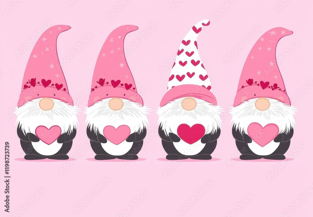 Cute Gnomes with Hearts in Pink Background for Valentine's Day Decor and Celebration Cute Gnomes with Hearts in Pink Background for Valentine's Day Decor and Celebration