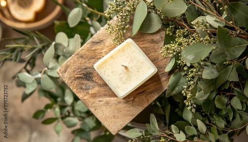 Square candle, wood, eucalyptus, spa, serenity, lifestyle, home decor, aromatherapy