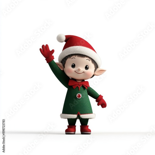 Cheerful Cartoon Elf Character in Green Outfit with Red Hat and Bright Smile Waving Hands