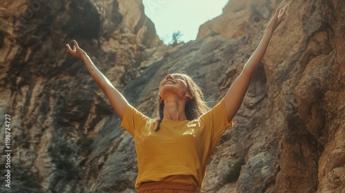 Woman celebrating on a mountain looking up to the sky. Letting go of all your mental fears. Hope, mental strength concept. photo