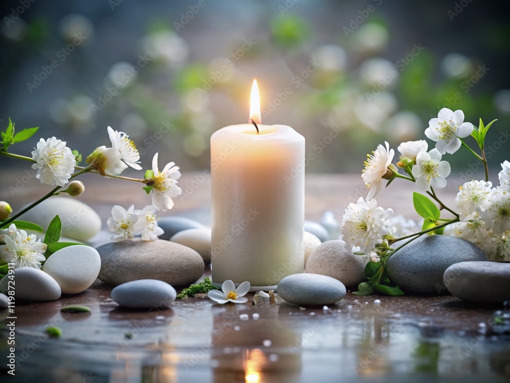 Serene Spa Relaxation: White Candle, Flowers, and Stones Serene Spa Relaxation: White Candle, Flowers, and Stones