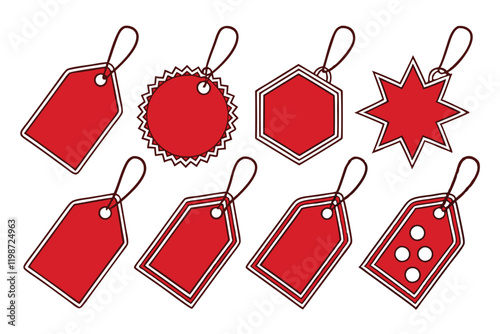 Red price tags, various shapes, minimalist design, flat graphic style, hanging labels, retail tags, geometric forms, square tags, circular tags, star-shaped tag, hexagonal tag, octagonal tag, diamond-