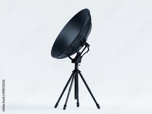 black satellite dish on a tripod against a white background photo