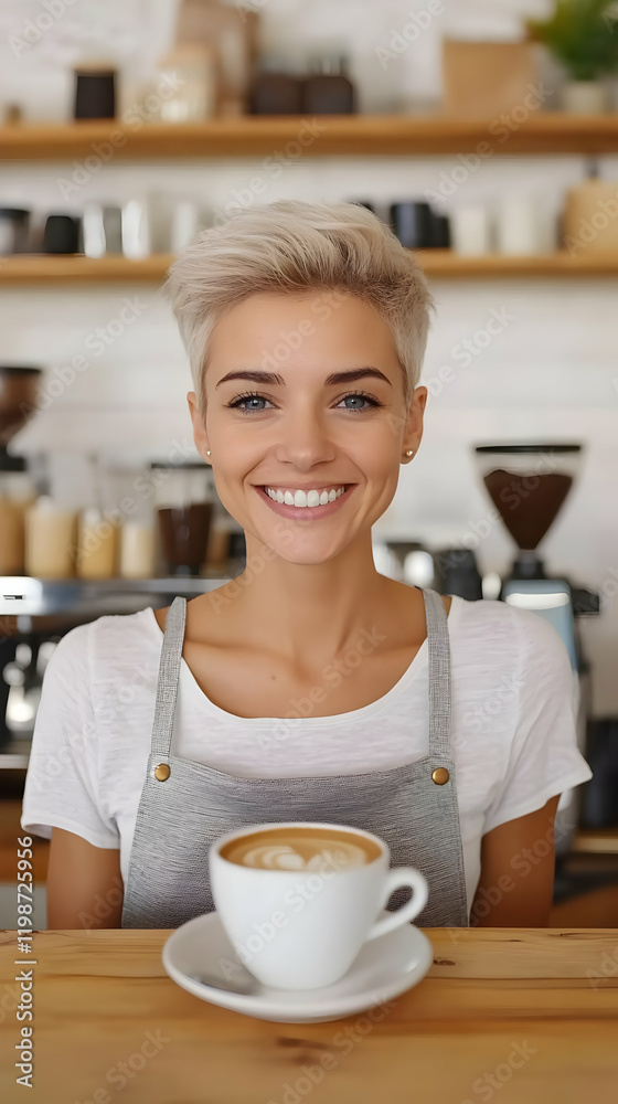 Smiling Barista Serves Freshly Brewed Cappuccino with Latte Art in Cozy Cafe Setting Smiling Barista Serves Freshly Brewed Cappuccino with Latte Art in Cozy Cafe Setting
