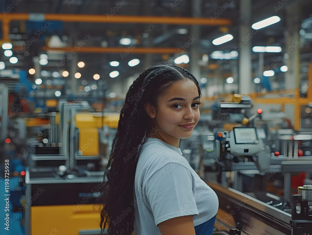 Young Woman Engineer Smiles Confidently in a Modern Factory with Advanced Robotics Machinery. Young Woman Engineer Smiles Confidently in a Modern Factory with Advanced Robotics Machinery.