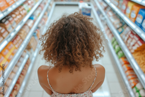 Woman with curly hair shopping in grocery aisle photo