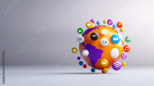 digital globe with colorful icons representing global connectivity and communication, showcasing various social media and technology symbols
