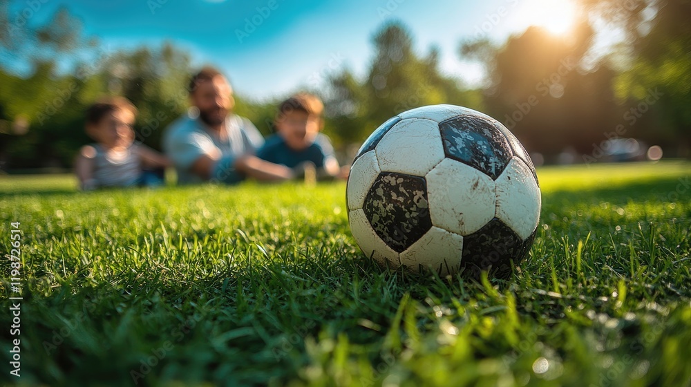 Fototapeta premium Family enjoying a sunny day in the park, playing soccer with a worn ball on lush green grass