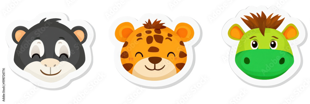 Obraz premium Cute cartoon animal stickers featuring raccoon, leopard, and cow. Perfect for children projects, scrapbooking, or playful decorations