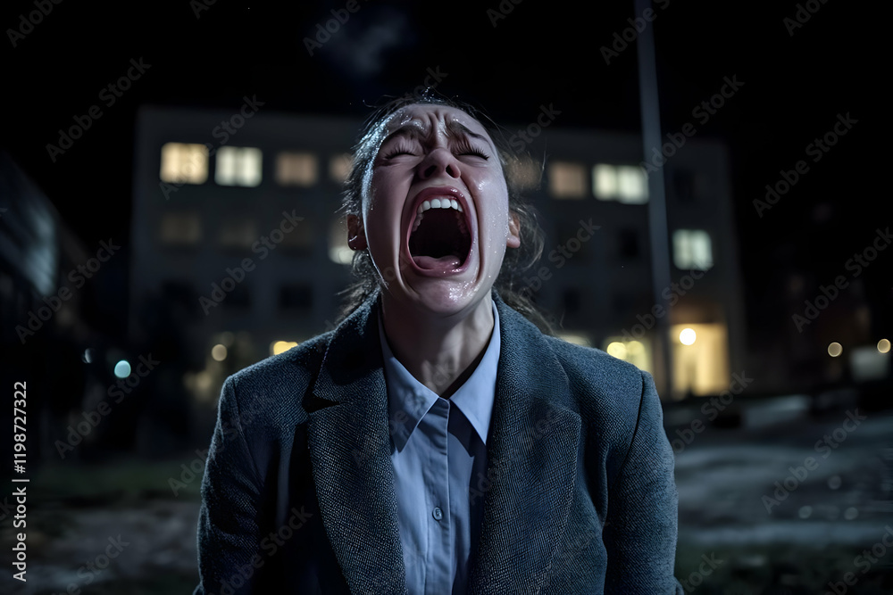 Woman Screams in Terror Outside at Night with Building Background Woman Screams in Terror Outside at Night with Building Background