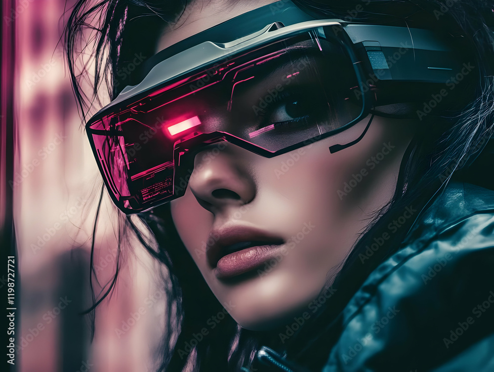 Woman Wears Futuristic VR Goggles with HUD Display in Cyberpunk City, Immersive Tech Woman Wears Futuristic VR Goggles with HUD Display in Cyberpunk City, Immersive Tech