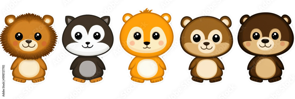 Cute cartoon animals in sticker set featuring lion, raccoon, bear, and more. Perfect for children projects, crafts, and playful designs Cute cartoon animals in sticker set featuring lion, raccoon, bear, and more. Perfect for children projects, crafts, and playful designs