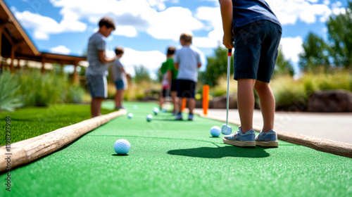 A vibrant scene of children playing miniature golf on a sunny day, focusing on fun and outdoor activity.