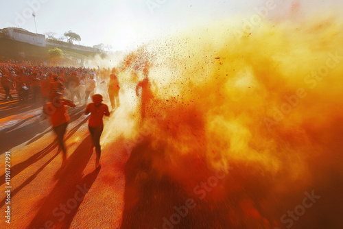 Vibrant holi festival celebration with enveloping orange powder cloud