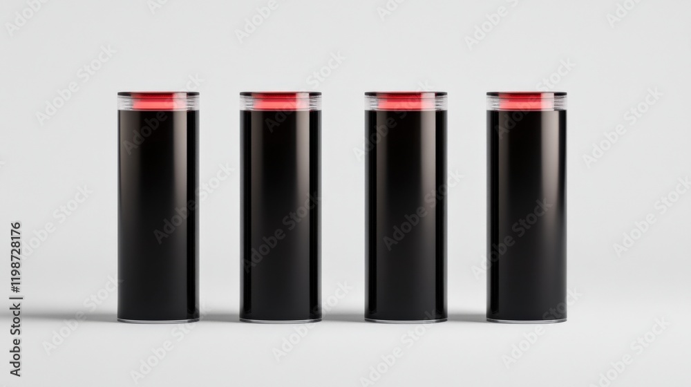 four black lipstick tubes with red tops on a white background four black lipstick tubes with red tops on a white background