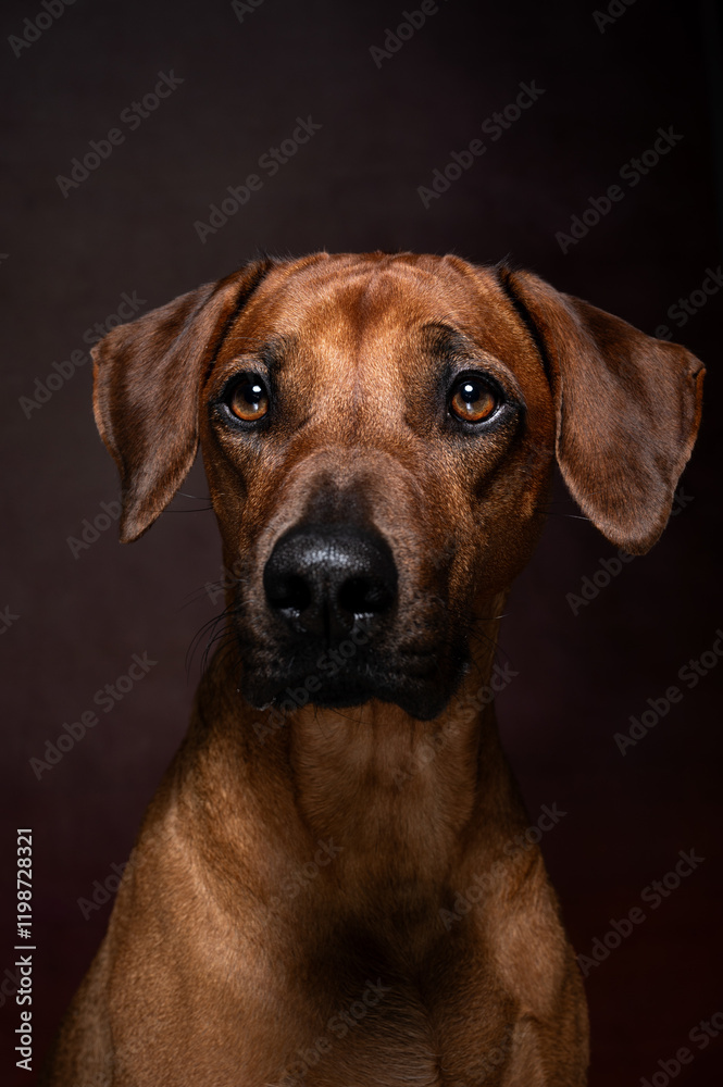 Schöner brauner Hund auf dunklem Hintergrund. Hundeblick Schöner brauner Hund auf dunklem Hintergrund. Hundeblick