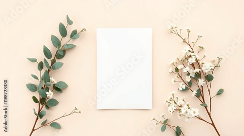 note paper with flowers on wooden background, wedding mockup template