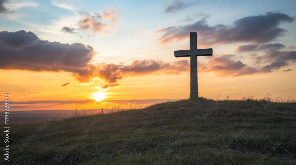 Stone Cross Silhouette at Sunset on a Grassy Hilltop Stone Cross Silhouette at Sunset on a Grassy Hilltop