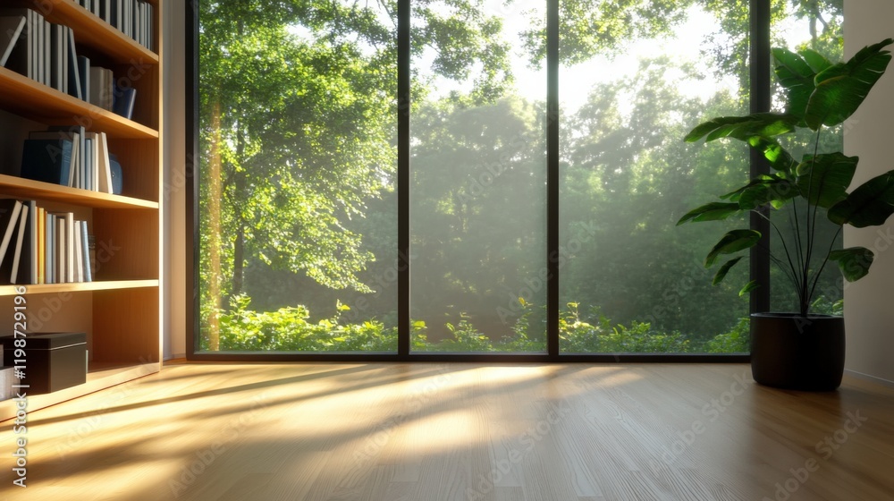 Fototapeta premium sunlit room with large windows overlooking a forest, bookshelf and plant