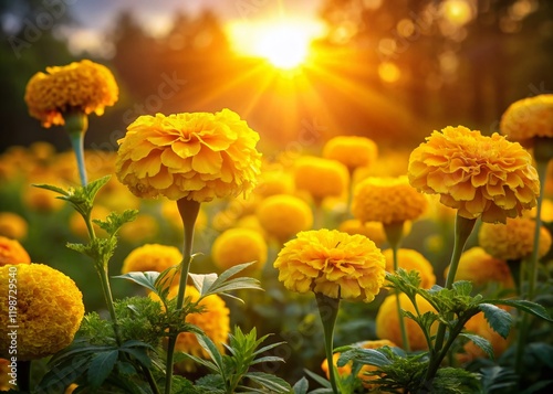Silhouetted Bright Yellow Marigolds in a Vibrant Agricultural Garden at Sunset
