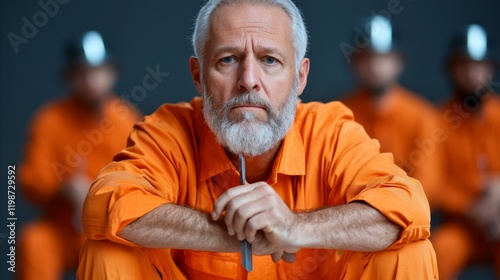 Prison inmate in orange jumpsuit staring intensely while others stand in the background